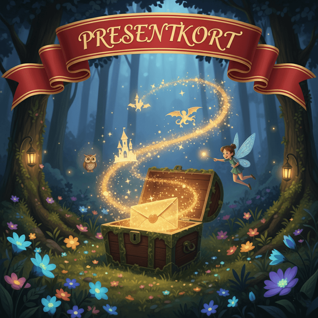 Presentkort – Barnens Brev med magiskt kuvert som svävar ur skattkista i sagoskog, omgiven av älva, uggla och gnistrande fantasi. Perfekt gåva för barn.