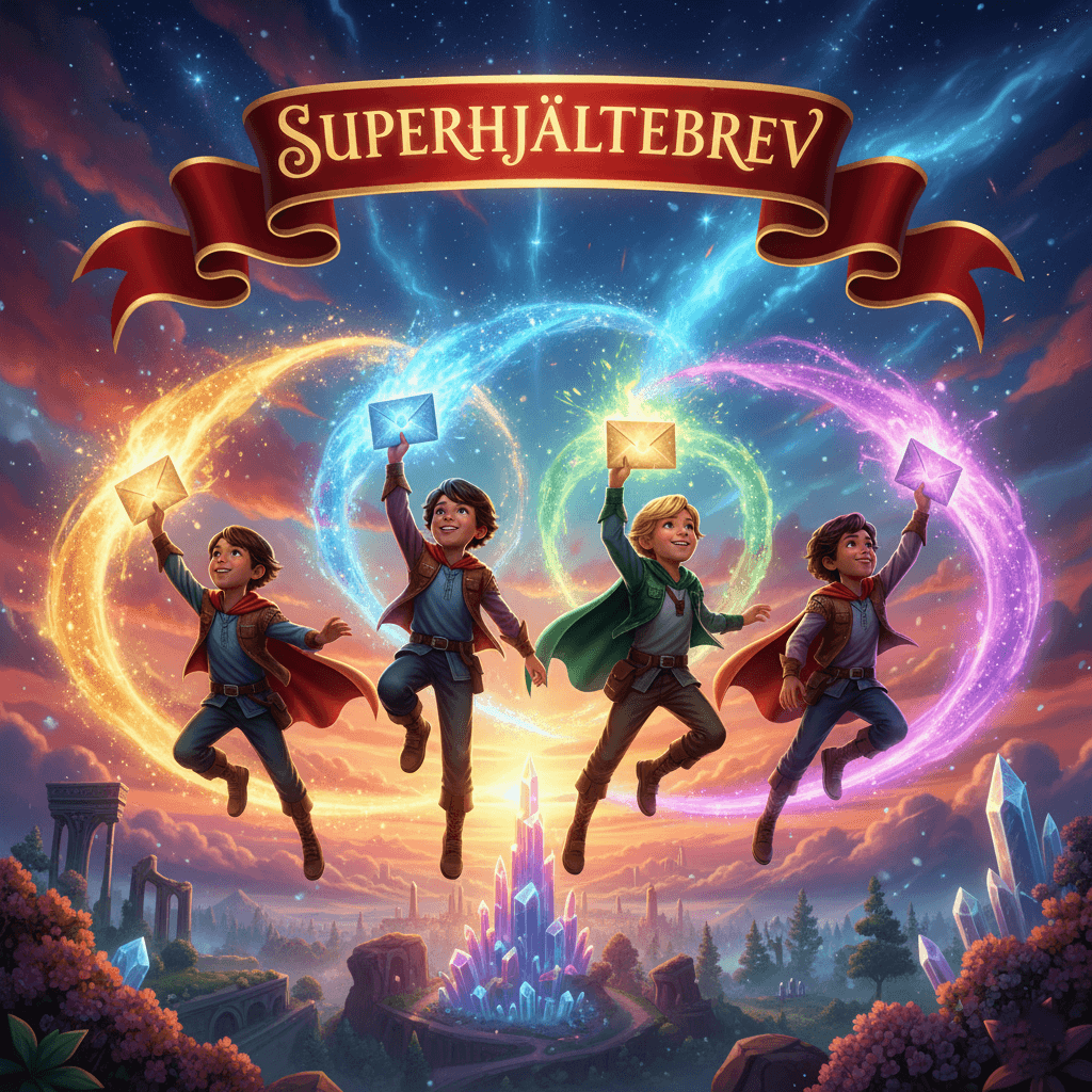 Fyra barn i superhjältedräkter svävar med glödande brev framför magisk stad. Superhjältebreven väcker mod och empati hos barn.
