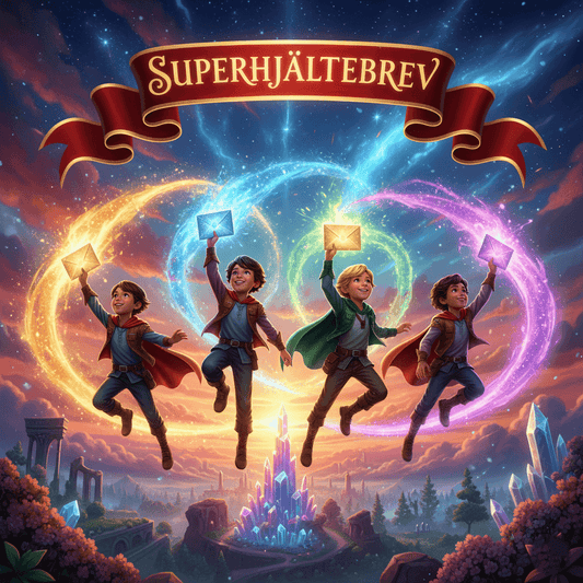 Fyra barn i superhjältedräkter svävar med glödande brev framför magisk stad. Superhjältebreven väcker mod och empati hos barn.