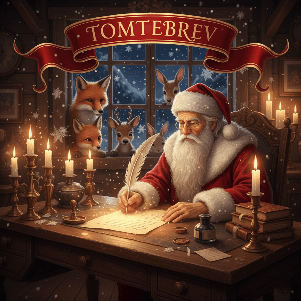 Tomtebrevet – personliga brev från Nordpolen skrivs av jultomten vid ett stearinljusupplyst skrivbord, omgiven av nyfikna skogsdjur och snöfall utanför fönstret. Perfekt för att sprida julens magi till barn genom unika hälsningar.