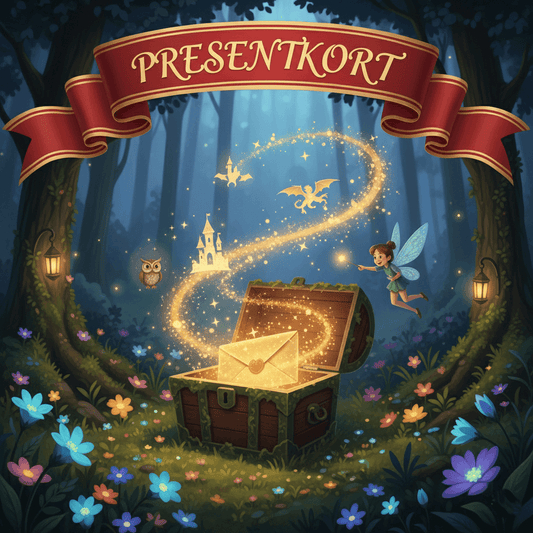 Presentkort – Barnens Brev med magiskt kuvert som svävar ur skattkista i sagoskog, omgiven av älva, uggla och gnistrande fantasi. Perfekt gåva för barn.
